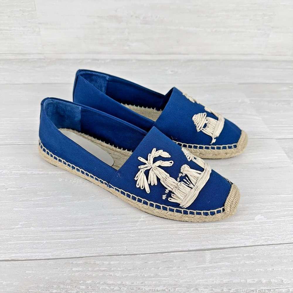Tory Burch Flat Espadrille Size 8 Raffia Embroidered Straw Blue Tropical Cruise